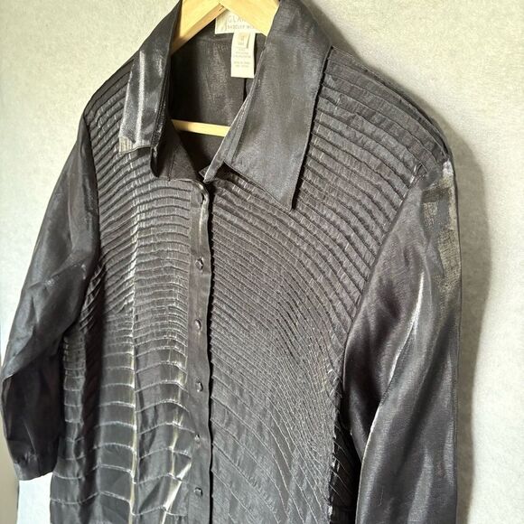 Glamour Badgley Mischka Blouse Size L Black Textured Sheer 3/4 Sleeve Elegant - Picture 3 of 4